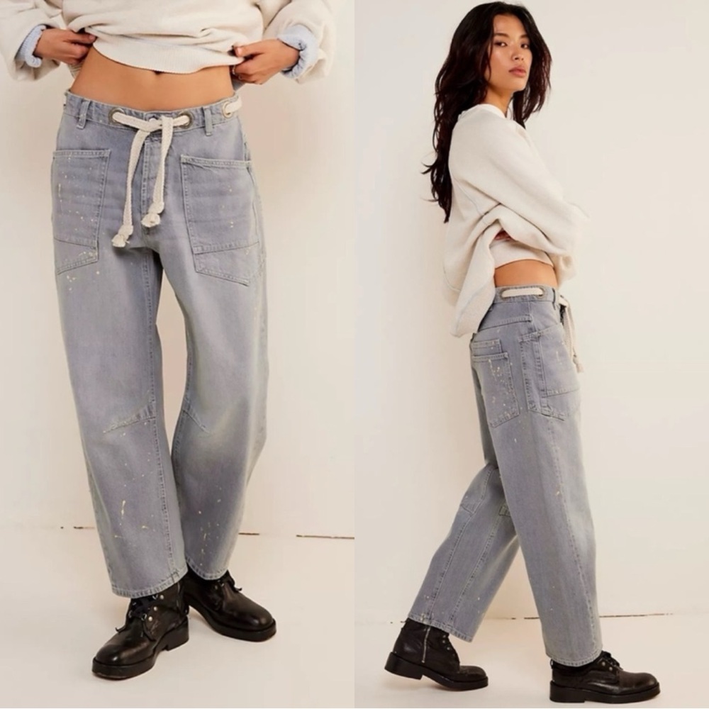 NWT Free People We The Free Moxie Pull On Barrel Jeans In Little Darlin Grey